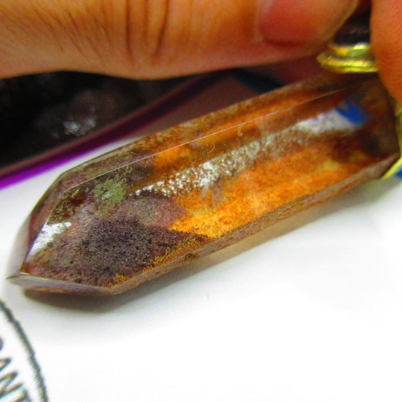 Fire Opal & Chlorite Quartz Phantom Gold Gemstone Pendant - Picture 6 of 8